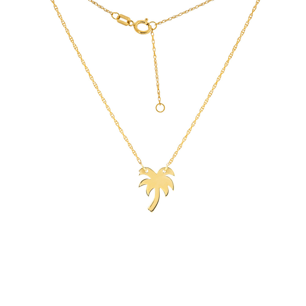14K Solid Yellow Real Gold Mini Palm Tree Pendant Necklace